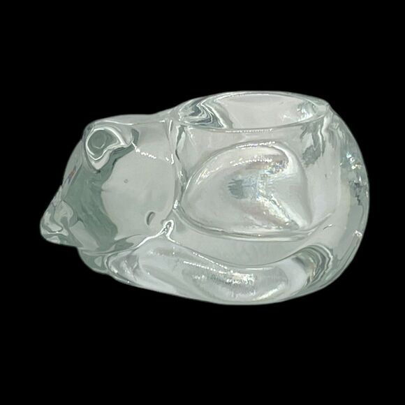 Vintage Indiana Glass Sleeping Cat Crystal Votive Candle Tea Light Holder Kitty - Picture 1 of 11
